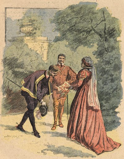 Bussy saluda a Jeanne, acompañada por San Lucas, en el parque. Ilustración de la novela 