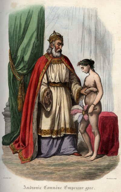 Emperador bizantino Andrónico I Comneno (o Andronicus I Comnenus) (c. 1118-1185) (Andronic I Comnene) y su esposa Agnes de Francia (1171-1240) que es obligada a aparecer desnuda para su orgía. Grabado de 1842 en “Histoire des papes” de Maurice Lachatre. Co de Unknown artist
