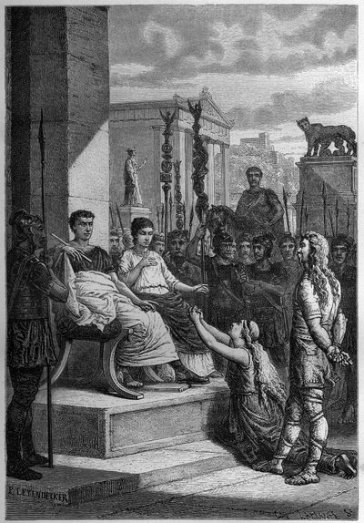 Cautiverio de Carataco con su familia ante el emperador romano Claudio - Grabado en "L