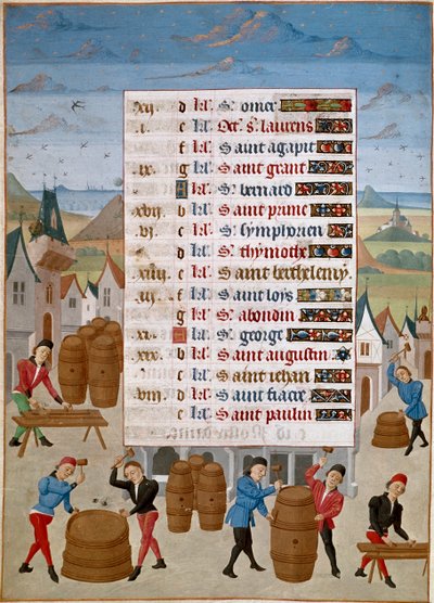 Calendario: Agosto - Fabricación de barriles de vino. Miniatura del Maestro Jean de Rolin (siglo XV) de 