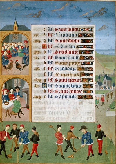 Calendario: Febrero, los diferentes juegos: una especie de cricket, las peleas de gallos de Unknown artist