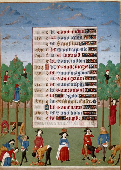 Página del calendario para el mes de octubre: Trabajos agrícolas, cosecha de frutos de Unknown artist