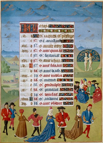 Calendario: el mes de mayo, bailes y juegos - Miniatura del Maestro de Jean Rolin del manuscrito 