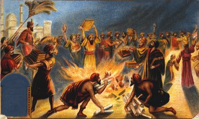El califa Omar I quema la biblioteca de Alejandría - Viñeta publicitaria de Liébig. cromolitografía del siglo XIX de Unknown artist
