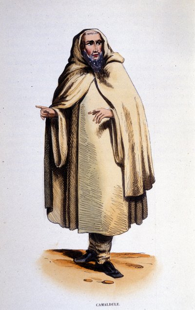 Camaldulense, miembro de una orden religiosa (ermitaño y monje) fundada en el valle de Camaldoli (Toscana) por San Romualdo en 1010. Grabado del siglo XIX de Unknown artist