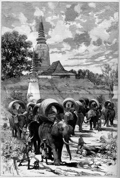 Camboya: caravana de caza del protectorado francés frente a la montaña de Lady Penh (Pnom Penh). de Unknown artist