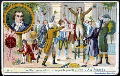 Camille Desmoulins arengando al pueblo y gritando “¡A las armas!” - cromo., finales del siglo XIX de Unknown artist
