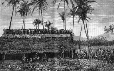 Canaques de Nueva Caledonia frente a una caja o casa de reuniones. Grabado en “La Naturaleza”. de Unknown artist
