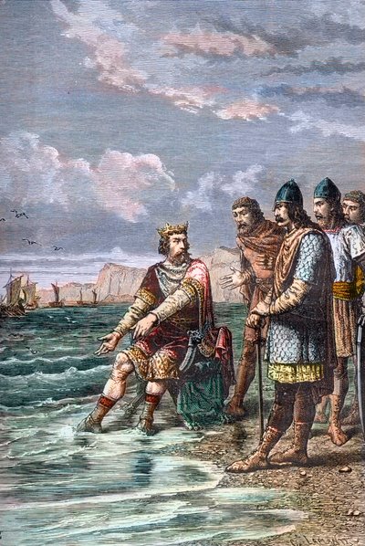 Canuto el Grande, convence a sus corredores de que no tiene poder para detener la marea - Rey Canuto II el Grande (Knud I el Grande) (aprox. 995-1035), Rey de Inglaterra desde 1016, de Dinamarca desde 1018 y de Noruega desde 1030 - Muestra a sus cortesanos de Unknown artist