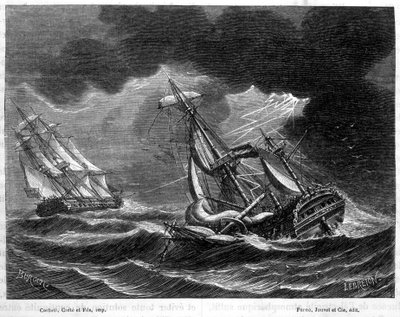 El barco del Capitán Cook salvado gracias a su pararrayos, cerca de un barco holandés golpeado por un rayo - en "Las maravillas de la ciencia" de Louis Figuier de Unknown artist