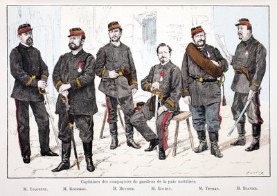Capitanes de las compañías de mantenimiento de la paz movilizadas, de izquierda a derecha: Sr. Toquenne, Sr. Rousseau, Sr. Mennier, Sr. Rochut, Sr. Thomas, Sr. Blavier. Aguafuerte en colores, para ilustración “Historia del cuerpo de los guardianes de la pa de Unknown artist