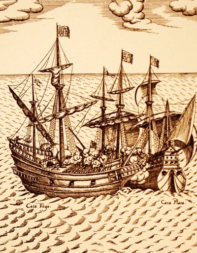 Captura del galeón español Cagafuego por el Golden Hind liderado por Francis Drake en marzo de 1579 (grabado) de Unknown artist