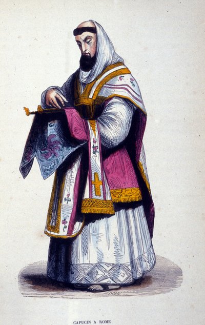 Capuchino en Roma. Grabado de un álbum sobre órdenes religiosas, París de Unknown artist