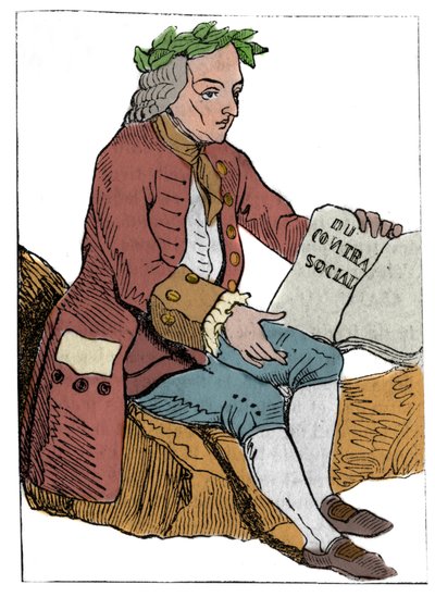 Carta para jugar de la República Francesa (1793) publicada en la Convención Nacional el 21/09/1792, después de la caída de los Reinos: el personaje del filósofo bajo los rasgos de Jean-Jacques Rousseau “al contrato social” (1712-1778) de Unknown artist