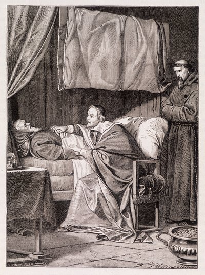 El cardenal Richelieu en el lecho de muerte del padre Joseph - grabado de Unknown artist