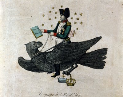 Caricatura sobre Napoleón sobre su exilio en la Isla de Elba. Napoleón en un águila sostiene en su mano derecha un libro titulado Conscripción Militar. Grabado de la época de Unknown artist