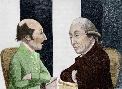 Caricatura de James Hutton (1726 - 1797) a la izquierda y Joseph Black (1728 - 1799) a la derecha. Grabado principios del siglo XIX de Unknown artist