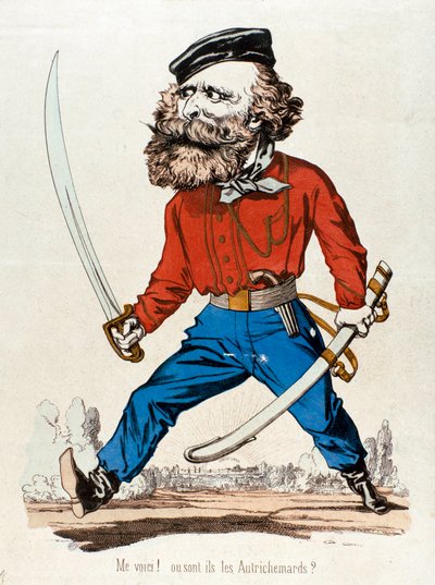 Caricatura de Giuseppe Garibaldi (1807-1882), patriota italiano y héroe del Risorgimento, exclamando "¡Me voic! ¿Dónde están los Austrihemards?" Grabado del siglo XIX. Colección privada de Unknown artist