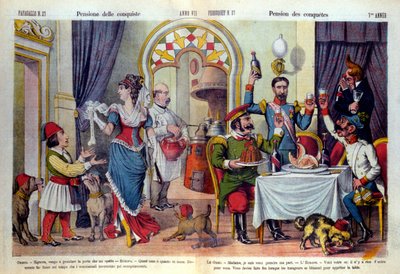 Caricatura del periódico italiano “Le Parroquet” (il Pappagallo) sobre el Congreso de Berlín en 1878 (Conferencia Diplomática). El congreso de Berlín se celebró para revisar las injusticias de Rusia hacia Turquía: los turcos obligados a aceptar el har de Unknown artist