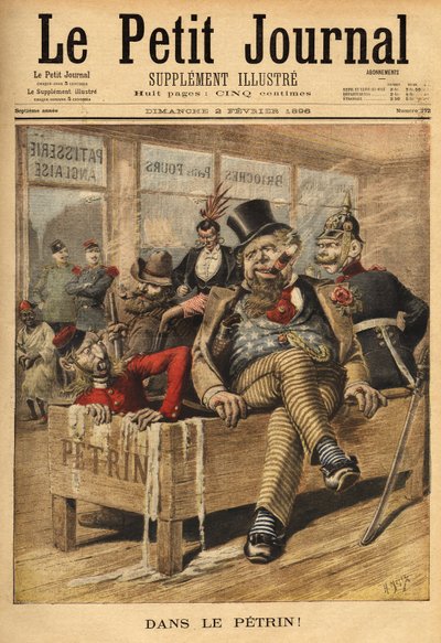Caricatura sobre Inglaterra: franceses y rusos, a la entrada de una pastelería inglesa, riéndose de los ingleses, en el Petrin, con su aliado alemán, porque los ingleses acumulan problemas diplomáticos, desde el asunto venezolano, que marca la ruptura dipl de Unknown artist