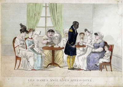 Caricatura de mujeres burguesas inglesas del siglo XIX: "Damas inglesas después de cenar". Un sirviente negro les sirve el té en una bandeja de Unknown artist