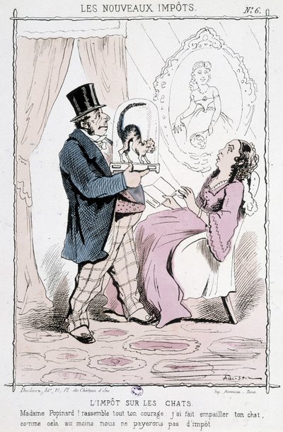 Impuesto sobre gatos: “¡Madame Papinard! Reúna todo su valor. Hice disecar a su gato, así que al menos no pagaremos impuestos” - caricatura de Unknown artist