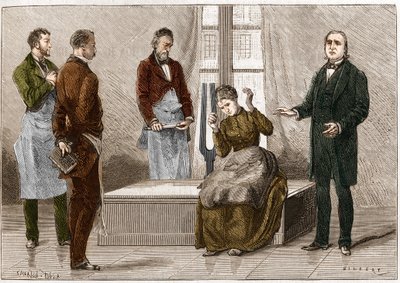 Catalepsia producida bajo la influencia del sonido (Diapasón). El neurólogo francés Jean Martin Charcot (1825-1893) (derecha) demostrando hipnosis en un paciente en el hospital Salpetriere. Ilustración tomada de “Nature” 1879 de Unknown artist