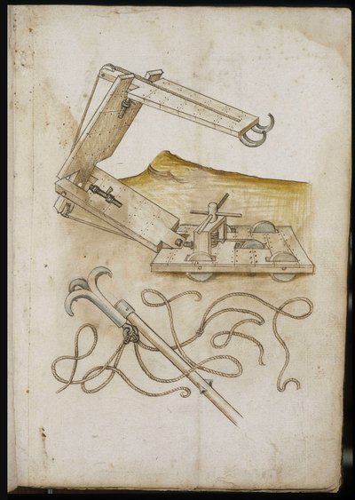Sistema de catapulta y gancho - Manuscrito: hoja de pergamino de un manual de ingeniero para la construcción de edificios civiles, religiosos y militares, anónimo, finales del siglo XV (figura en tinta china) de Unknown artist