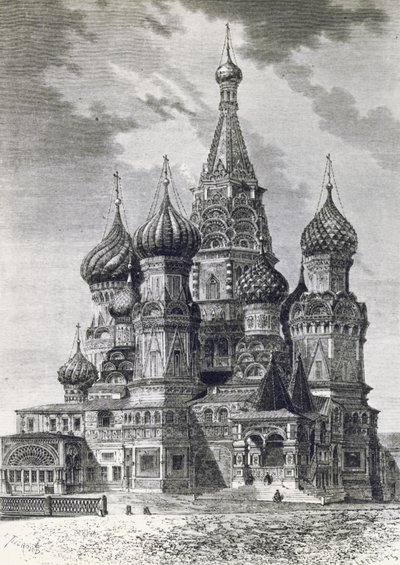 Catedral de la Protección de la Santísima Theotokos en el Foso o Catedral de San Basilio en la Plaza Roja de Moscú, Rusia, grabado de Free Russia de Unknown artist