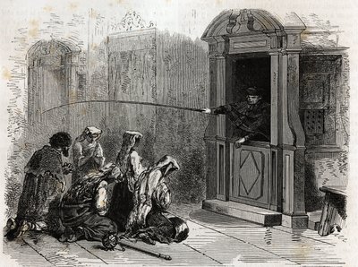 Practicantes católicos en oración, recibiendo penitencia ordinaria, azotes administrados por un sacerdote desde el confesionario. Grabado para ilustrar la historia de la Semana Santa en Roma, en 1863, por Ludovic Celler, en “Le tour du monde, nouveau journ de Unknown artist