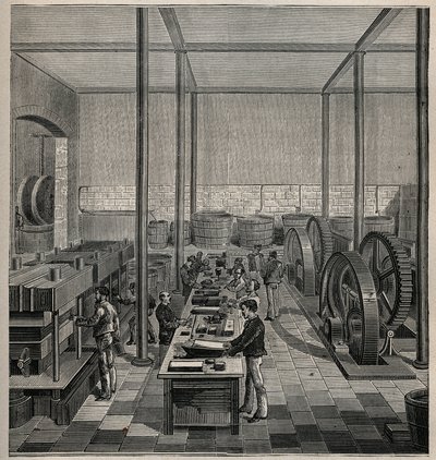 Celuloide: fabricación de celuloide. Grabado de 1885 en 