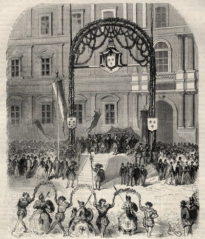 Fiestas de caridad en Marsella conmemorando la llegada de Francisco I donde se reunió con el Papa Clemente VII: farandola bailada en la plaza Saint-Ferreol frente a la tribuna del Rey Francisco I. Grabado en “L