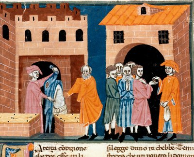 Caridad en la Edad Media: asistencia pública. Escena de caridad y asistencia a los pobres. Miniatura de la escuela florentina tomada de la traducción italiana de 