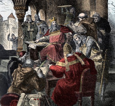 Carlomagno (742 - 814) en su trono presidiendo la Academia del Palacio (grabado) de Unknown artist