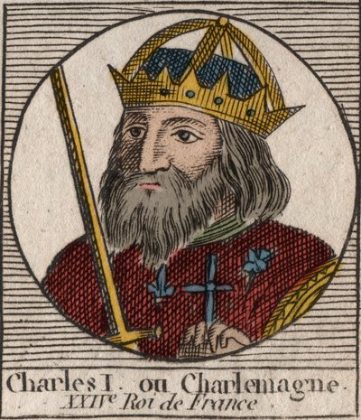 Carlomagno (Carolus Magnus, Carlos el Grande) (747-814) Rey de los Francos y Emperador Cristiano de Occidente - grabado de 