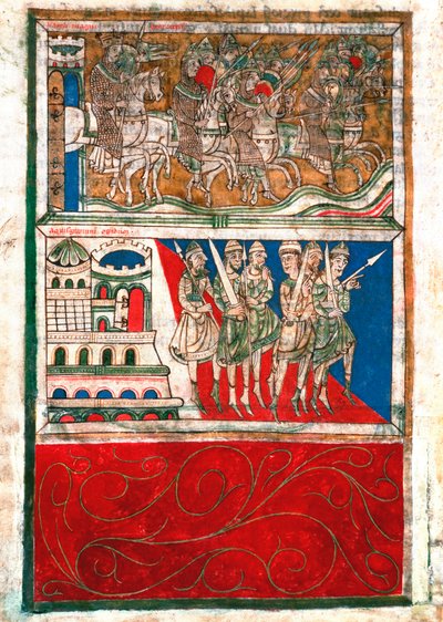 Carlomagno y sus caballeros salen de Aquisgrán y van a Santiago de Compostela. Miniatura del “Codex Calixtinus” (Libro de Santiago), alrededor de 1140. fol. 162 v. Archivos de la Catedral de Santiago de Compostela (Santiago de Compostela), España de Unknown artist