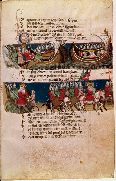 Carlomagno navega en un barco y abajo guía a sus ejércitos durante sus conquistas (miniatura) de Unknown artist