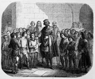 Carlomagno visitando una escuela - en Historia de Papas, Reyes, Reinas, Emperadores, a través de los siglos por Maurice Lachatre de Unknown artist