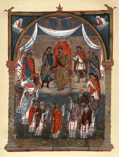 Carlos II el Calvo (823 - 877), Rey de Francia recibiendo una delegación de monjes de Tours. Facsímil en cromolitografía del siglo XIX después de una miniatura del siglo X conservada en la B.N. de París. de Unknown artist