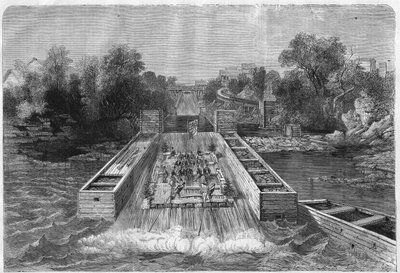 Charles Stanley Monck (1819-1894), primer Gobernador General de Canadá visitando las Cataratas de Ottawa en el Alto Canadá. Grabado en "L