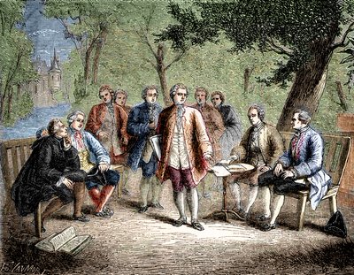 Charles de Secondat Montesquieu con el cenáculo científico en el Castillo Clairac, Francia - El cenáculo científico del castillo de Clairac: Montesquieu y el barón de Secondat, su hijo, el caballero de Vivens, Romas y los hermanos Dutilh - en "Álbum de la  de Unknown artist