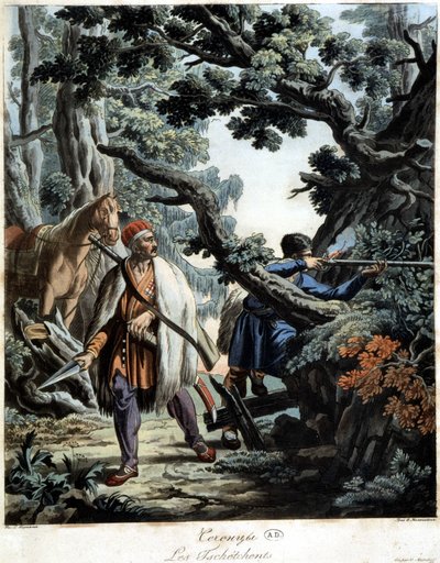 Chechenos emboscados en un bosque del Cáucaso, principios del siglo XIX de Unknown artist