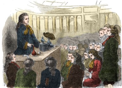 Curso de química por Guillaume-Francois Rouelle (1703-1770), químico francés, en la Academia de Ciencias en 1744. Grabado de 1861 de Unknown artist