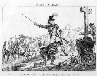 Jefe y soldado a pie. Artillería vendeana arrastrada por bueyes. Grabado del siglo XIX. de Unknown artist