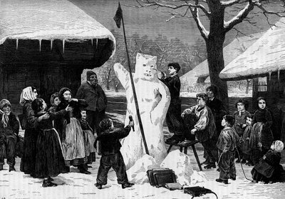 Niños haciendo un muñeco de nieve en un pueblo de los Alpes. Grabado en "El diario de la juventud" de Unknown artist