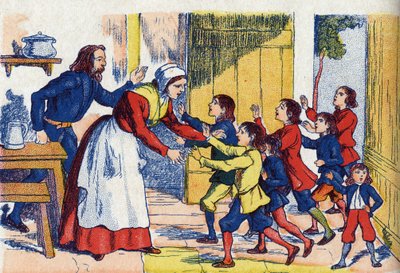 El regreso de los niños. Ilustración para el cuento “Le Petit Poucet” de Charles Perrault (1628-1703), escritor francés. Ilustración anónima. Imágenes de Marcel Vagne, Jarville Nancy, sin fecha (finales del siglo XIX) de Unknown artist