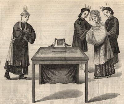 Costumbre china: firma de un contrato de matrimonio. Una tableta con los nombres de los dos esposos se coloca en una mesa con dos palomas. Grabado en “The Illustrated London News” del 14 de febrero de 1857. de Unknown artist