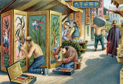 Plumistas chinos trabajando en la calle: hacen paneles o pantallas usando una aguja y plumas. Cromolitografía del siglo XIX de Unknown artist