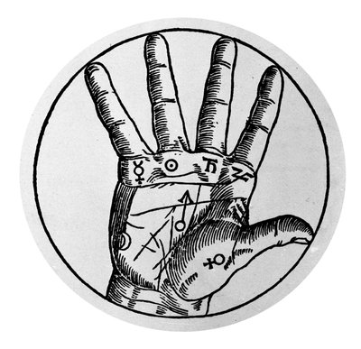 Quiromancia y predicción adivinatoria: representación de las diferentes líneas de la mano que permiten la interpretación de la personalidad. Grabado del siglo XVII de Unknown artist