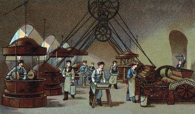 Fabricación de chocolate: taller de molienda. Cromolitografía de finales del siglo XIX de Unknown artist